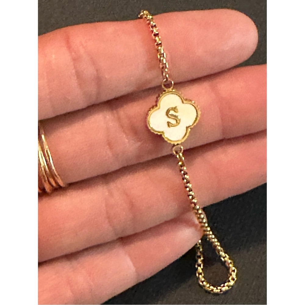 Gold Initial S Clover Bolo Bracelet White Quatrefoil Adjustable Slider Box Chain